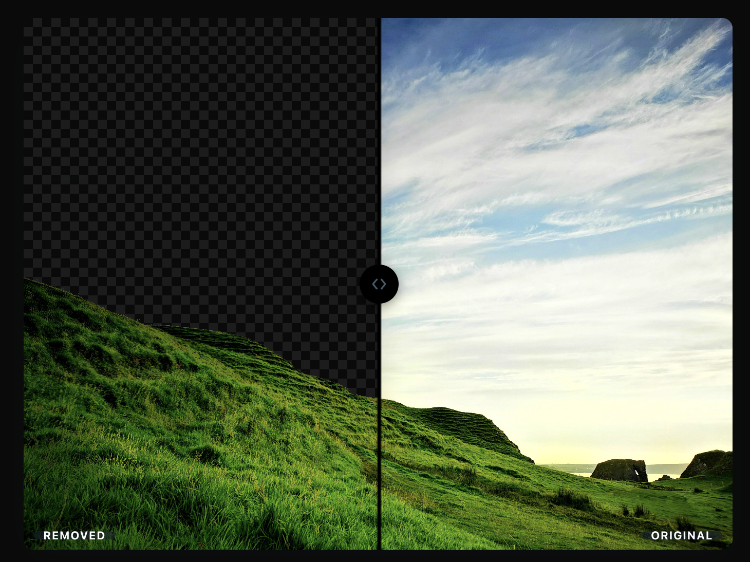 Before and after comparison of Clear BG removing a background from a landscape photo